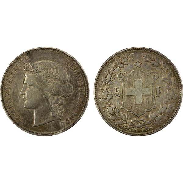 SWITZERLAND: Confederation, AR 5 francs, 1890-B, VF-EF