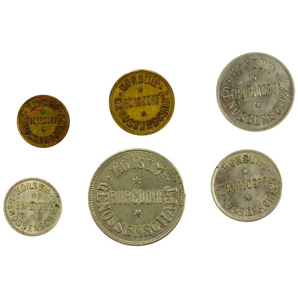 SWITZERLAND: Konsum-Genossenschaft, 6-piece token set, ND (ca. 1900?), Unc or nearly so