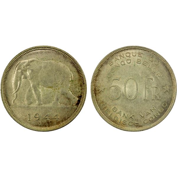 BELGIAN CONGO: Leopold III, 1934-1950, AR 50 francs, 1944, Unc