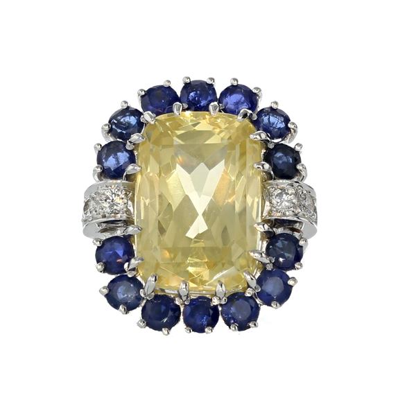 23.73ct No Heat Yellow Sapphire & 4.40ct Blue Sapphire 18K White Gold Ring