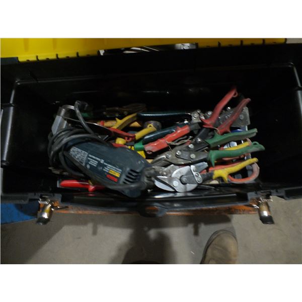 Yellow Tool Box w/ Bosch Cutting Tool & Tin Snipes
