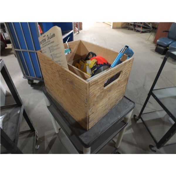 Wooden Box W/ Saw Blades & Assorted Tools