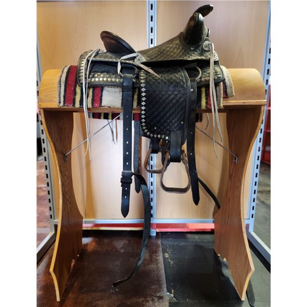 Vintage Leather Simco Horse Saddle with Blanket and Stand
