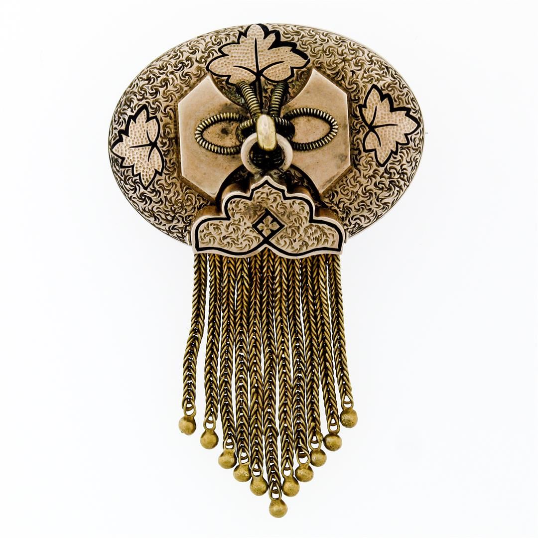 Antique Victorian 14K Gold Black Enamel Leaf Etched Tassel Dangle ...