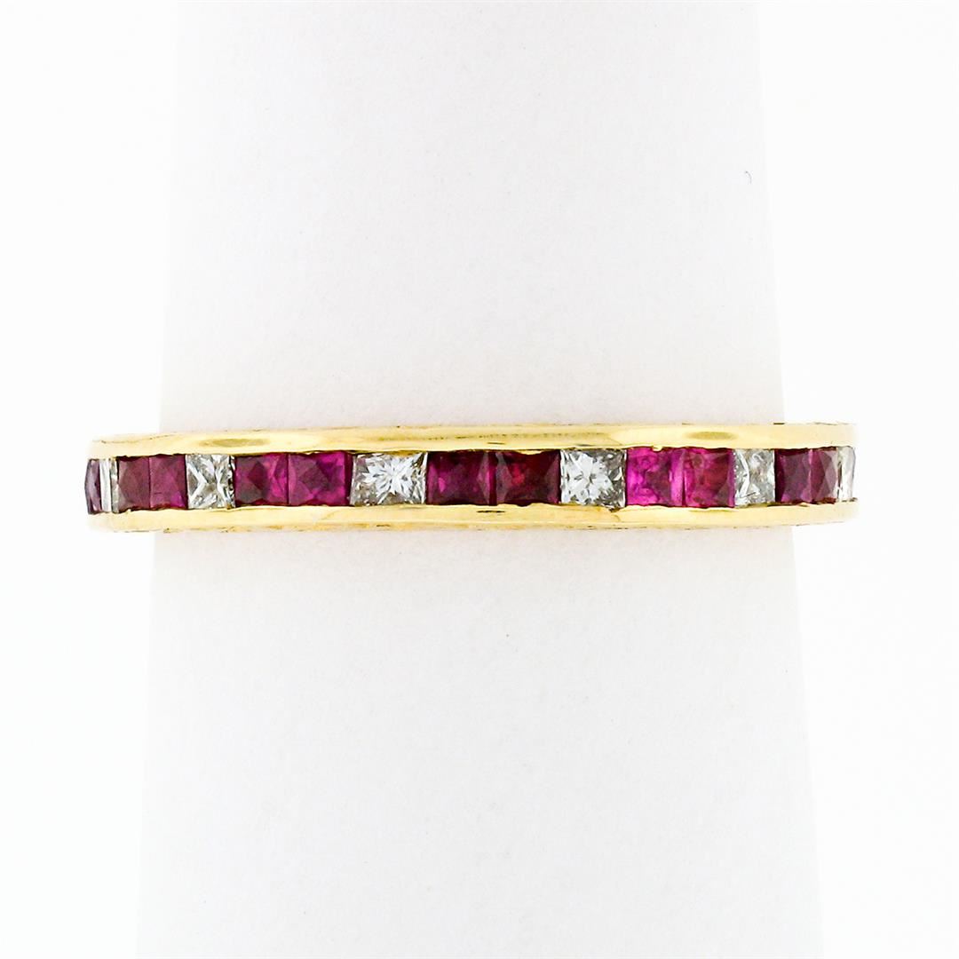 Vintage 18k Gold Channel French Ruby & Diamond Engraved Eternity Stack ...