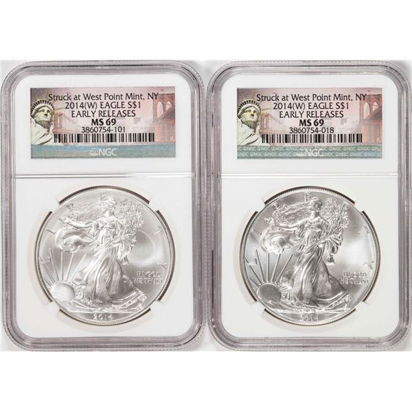 Lot of (2) 2014-(W) $1 American Silver Eagle Coins NGC MS69