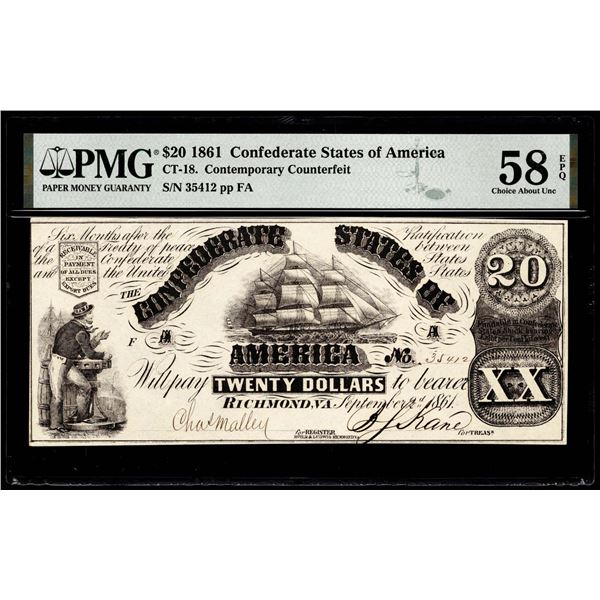 1861 $20 Confederate States Contemporary Counterfeit Note PMG Choice About Unc. 58EPQ