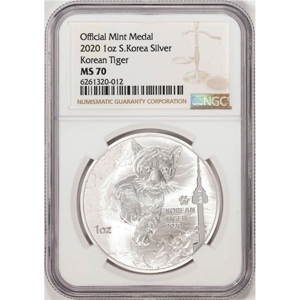2020 South Korea 1oz. Official Mint Medal Korean Tiger Silver Coin NGC MS70