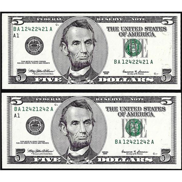 Lot of (2) 1999 $5 Federal Reserve Notes Radar & Repeater Serial Numbers