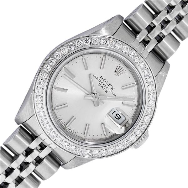 Rolex Ladies Stainless Steel Silver Index Diamond Date Wristwatch