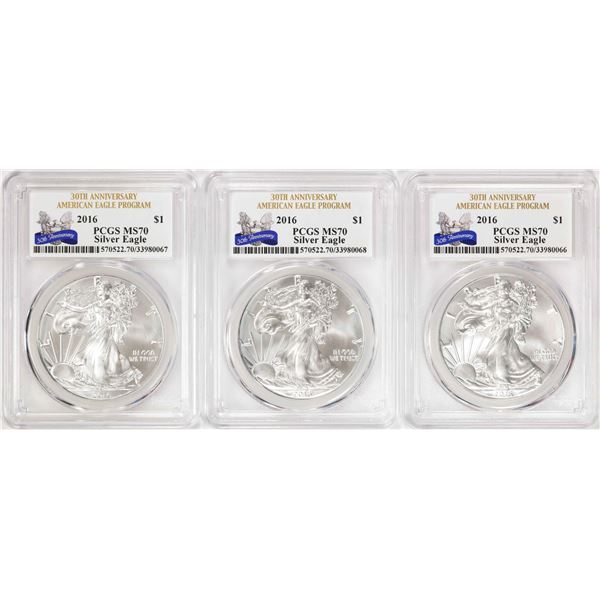 Lot of (3) 2016 $1 American Silver Eagle Coins PCGS MS70