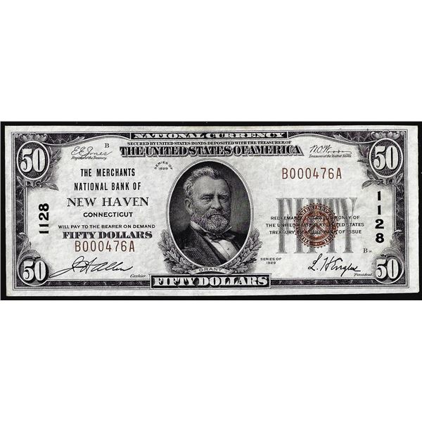 1929 $50 The Merchants National Bank of New Haven, CT CH# 1128 National Currency Note