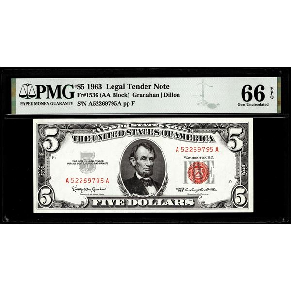 1963 $5 Legal Tender Note Fr.1536 PMG Gem Uncirculated 66EPQ