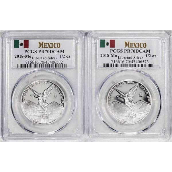 Lot of (2) 2018-Mo Mexico Proof 1/2 oz Silver Libertad Coins PCGS PR70DCAM
