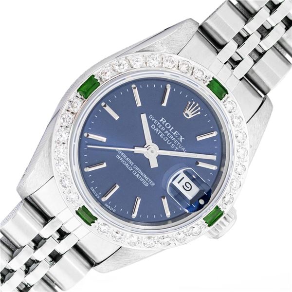 Rolex Ladies Stainless Steel Blue Index Emerald and Diamond Datejust Wristwatch