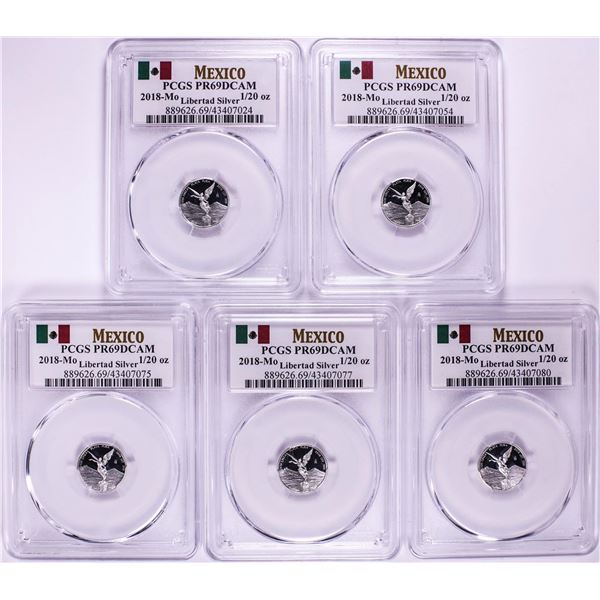 Lot of (5) 2018-Mo Mexico Proof 1/20 oz Silver Libertad Coin PCGS PR69DCAM