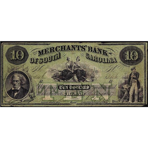 1857 $10 Merchants Bank of South Carolina Obsolete Note