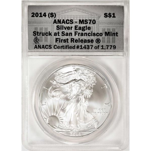 2014-(S) $1 American Silver Eagle Coin ANACS MS70 First Release San Francisco