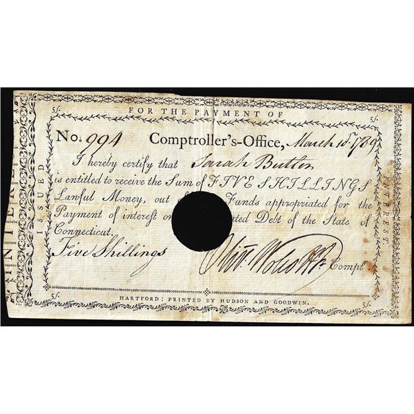 1789 Connecticut 5 Shillings Comptrollers Office Colonial Currency Note Cut Canceled