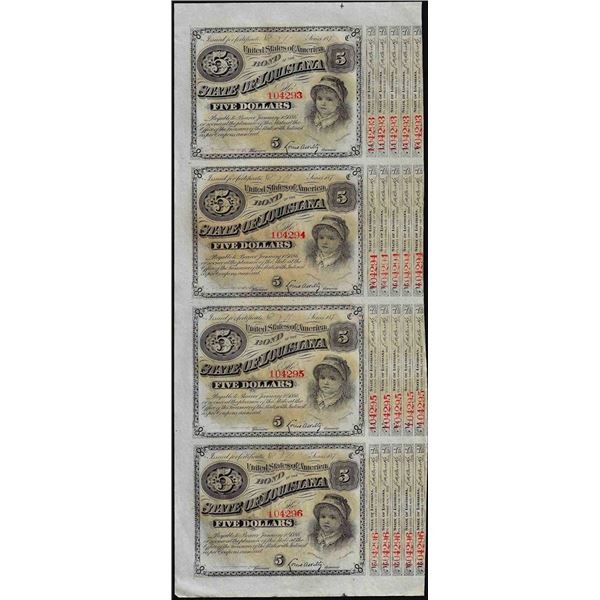 Uncut Sheet of (4) State of Louisiana Baby Bond Obsolete Notes