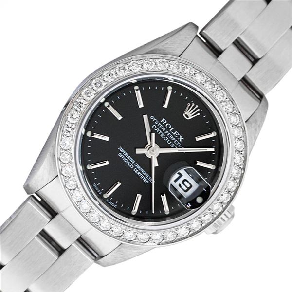 Rolex Ladies Stainless Steel Black Index Diamond Datejust Wristwatch