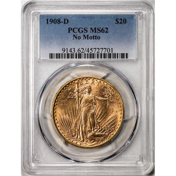 1908-D No Motto $20 St. Gaudens Double Eagle Gold Coin PCGS MS62