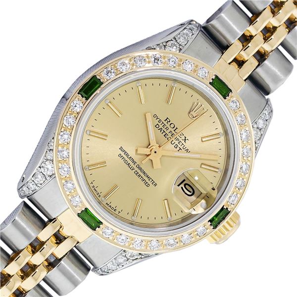 Rolex Ladies Two Tone Champagne Emerald and Diamond Datejust Wristwatch