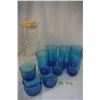 Image 1 : 9 Blue drinking glasses & pyrex juice pitcher