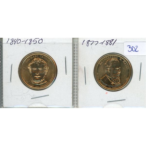 2x USA prsidential $1 coins - Zachary Taylor 1849-1850 and Rutherford B. Hayes 1877-1881