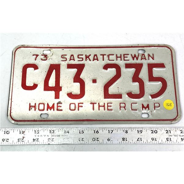 1973 Saskatchewan License Plate C430235 'Home of the RCMP'