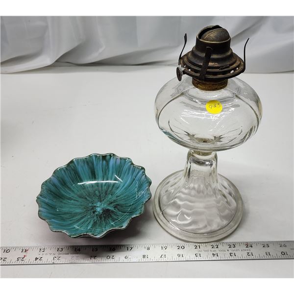 Clear glass oil lamp - no chimney & Blue mountain pottery bowl