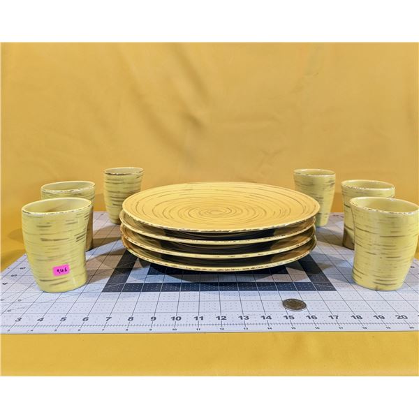 Ten-piece Samba Yellow dinner set. 4 large, 12-inch, heavy dinner plates; 6 curved ceramic cups/mugs