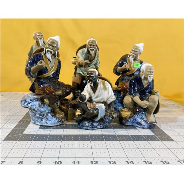 Six vintage Chinese Shiwan Ceramic Factory mudman pottery figurines. Excellent condition. (8" x 4" a