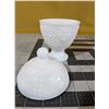 Image 3 : Covered, antique milk-glass candy dish egg (6"x 3"); lace edge milk-glass Anchor Hocking compote ped