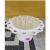 Image 4 : Covered, antique milk-glass candy dish egg (6"x 3"); lace edge milk-glass Anchor Hocking compote ped