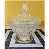 Image 1 : Vintage, large Anchor Hocking Wexford footed, lidded compote pressed-glass candy dish (8" x 7"). Gre