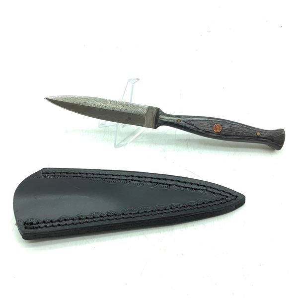 Fixed 3 3/4  Double Sided Blade with Grey Wood Handle in Leather Belt Sheath