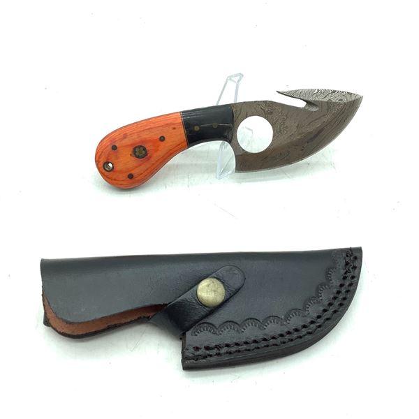 Fixed 4" Skinning Blade with Gut Hook, Orange Wood Handle Knife in Leather Belt Sheath