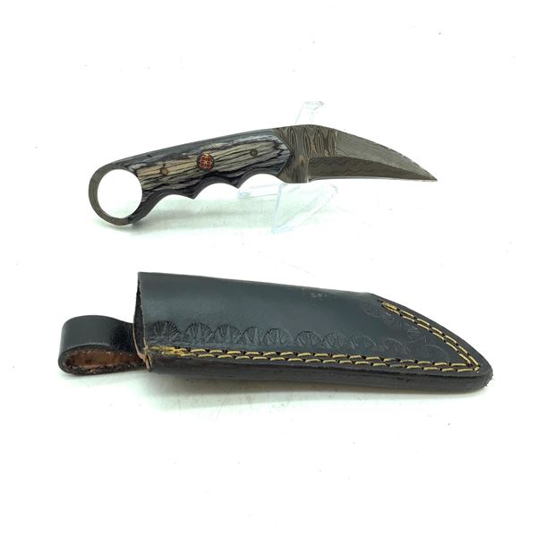 Fixed 2 1/2  Double Sided Blade Knife with Grey Wood Handle in Leather Belt Sheath