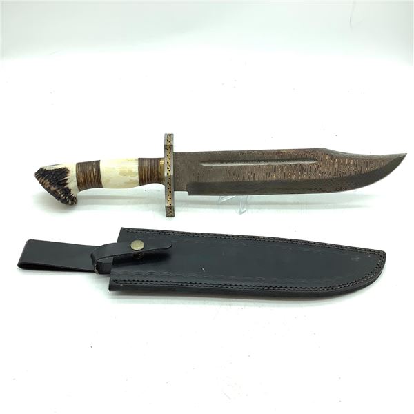 Fixed 11" Blade Bowie Knife with Bone Handle in Leather Belt Sheath