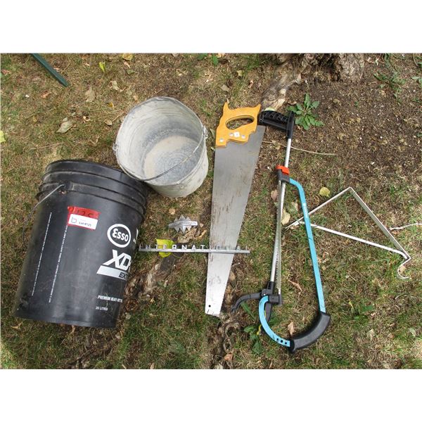 (2) International Emblems, Galvanized Pail, Handsaw, Bucksaw