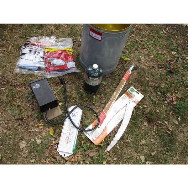 Coleman Propane Tank, Timer, Spare Saw Blades, Shop-Vac Filters, Misc.