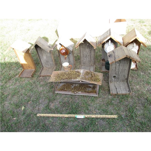 (3) Handmade Tea Pot Bird Houses, (3) Handmade Bird Houses, Manger