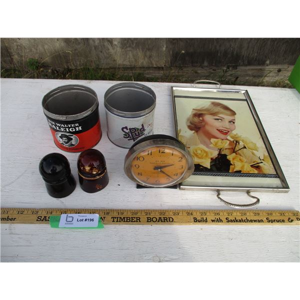 Big Bin Magic Touch Repeater Clock, Serving Tray, (2) Tabacco Tins, Insulators