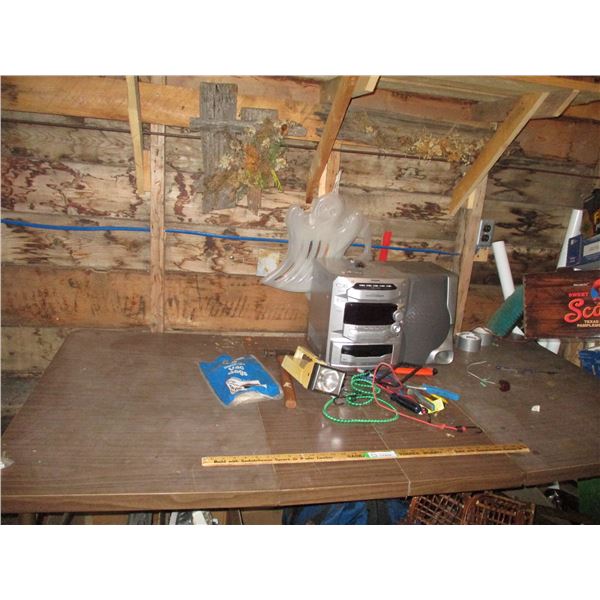Wooden Table (35 x 71") with Stereo, Hammer, Misc.
