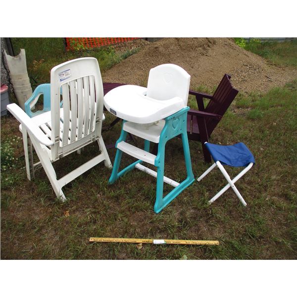 Wooden Table with Wooden Chair, Child High Chair, Misc. Plastic Chairs