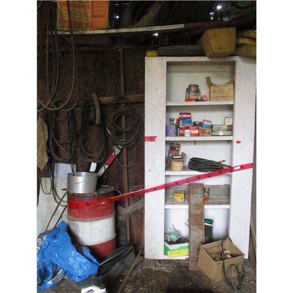 Wooden Shelf, Belting, Barrel, (3) Vintage Tires
