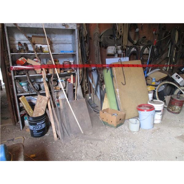 Wall with Contents Alternators, Combine Motor, Rad ,Tires, Rope, Shelf, Belting,