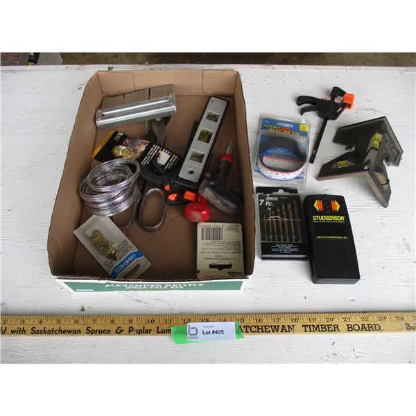 High Speed Steel Drill Bit Set, Stud Finder, Snips, Small Level, Wood Clamps