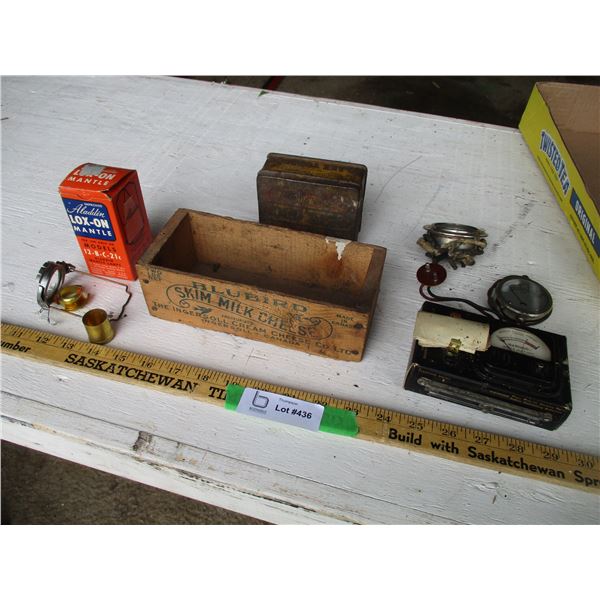 Wooden Bluebird Box, Tobacco Tins, Gauges, Misc.